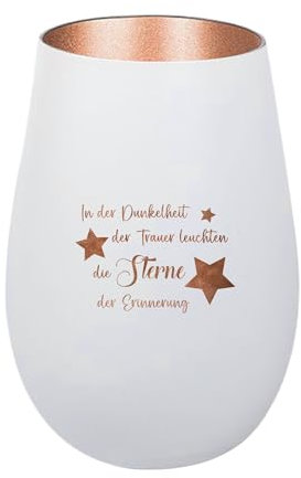 Der-Porzellan-Laden Windlicht mit Gravur In der Dunkelheit der Trauer leuchten, Weiß Bronze, Teelichthalter aus Glas mit Spruch, Tischdeko modern