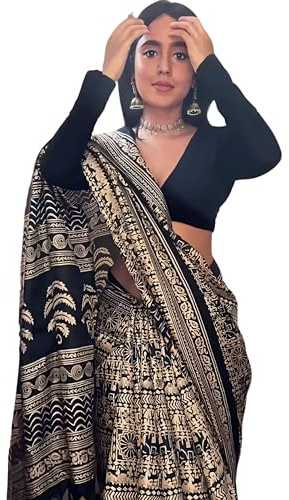 EthnicJunction Sari de seda de algodón con estampado Kalamkari para mujer con blusa, Negro azabache y beige, talla única