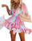Imily Bela Robe d'été pour femme - Motif papillon et fleurs - Col en V - Manches courtes - Volants - Mini robe trapèze - Imprimé, a-rose, S