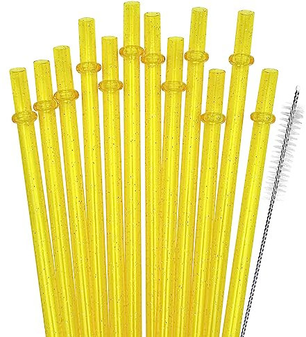 SUNDEE Reusable Plastic Straws, Glitter Straws Reusable Drinking Straw Thick BPA-Free Glitter Drinking Straw Accessories, Set of 12 Pcs Colorful Straw with Cleaning Brush - Yellow
