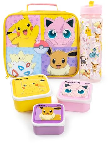 Pokémon Juego de Bolsa para Almuerzo para Niñas | Set de 5 piezas para niños con bolsa de cena con cierre, botella de agua y pote para bocadillos en rosa y amarillo Pikachu, Jiggly Puff, Eevee, Togepi