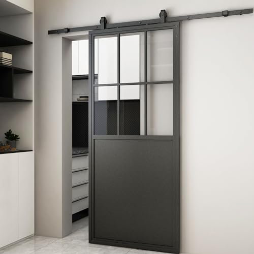 SEART Schiebetür auf Schiene, Glas, Loft MODENA mit schwarzer Schiene WIESZAK FREIM Komplett-Set (gehärtetes transparentes Glas) 100x210 cm