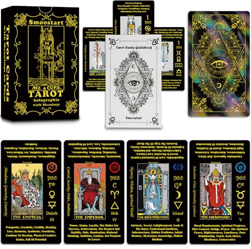 Smoostart Holografische Englische Tarotkarten für Anfänger mit Deutungen | Schwarz, Laser-Holografisch, Jede Karte: Schlüsselwörter-Ja/Nein-Elemente-Planeten-Chakren. Ideal für Anfänger. mit Handbuch