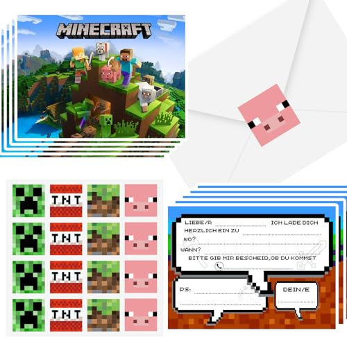 12er-Set Einladungskarten Kindergeburtstag im Pixel-Gaming-Design (17 x 12,5 cm) + 12 Aufkleber in 4 Designs + 12 Umschläge – Ideal für Jungen-Geburtstage, Gaming-Partys, Mottopartys, Spieleabende