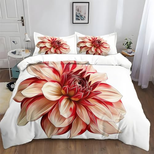 XCQHZYQ Bedding Sets King Size 220x230 cm Floral Dahlia Red Duvet Cover Easy Care Printed Quilt Covers With Pillow Case, Bed Cover Themed Soft Polycotton Bedspread