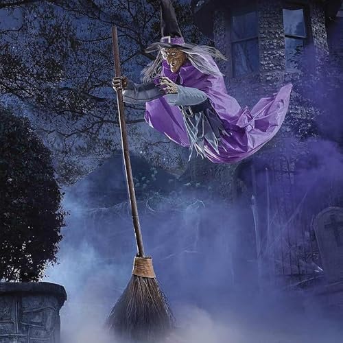 Flying Witch, 6 Ft Flying Witch Halloween Decorations, Animatronics Halloween Props with Scary Sounds and Lights, Flying Witch Halloween Decor on Broom, For Garden Yard Lawn Outside Indoor