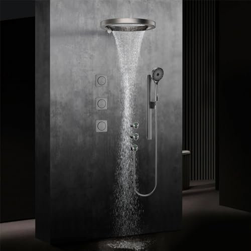 LNXGJJ 20 Zoll Unterputz Duscharmatur Set KreisföRmiges Topspray Duscharmatur Komplettset Dusche Regendusche Set mit 3 Modus Handbrause und 3 StüCk 4 Zoll-RüCkenbrause- Gunmetal Grey