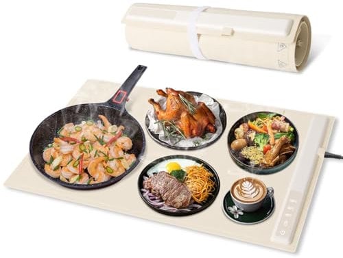 Bandeja de Calentamiento Eléctrico, Orifesio 350W Calentador Alimentos Portatil de Silicona, Bandeja Calienta Platos Enrollable con Temperatura Ajustable para Restaurantes Familia Fiestas, 60x40x2,5cm