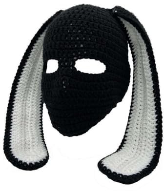 WUODHTW Damen Herren Strick-Sturmhaube, Gesichtsmaske, Hasenohren, lustige Hörner, Ski-Schal, Winter, warme Mütze, Halloween, Strickmütze, Totenkopf-Mütze, Schwarze und weiße Ohren, 38