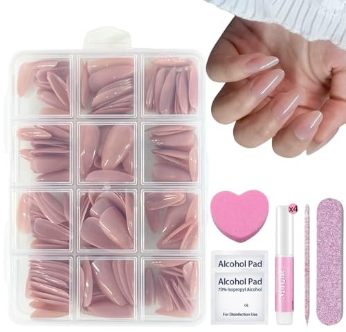 240PCS Stück Natürlich Acrylic Künstliche Nägel mit Nagelkleber - Mandel Press on Nails Nude Nail Tips Full Cover Nageltips - Glossy False Nails für Frauen und Mädchen (Nude Almond)
