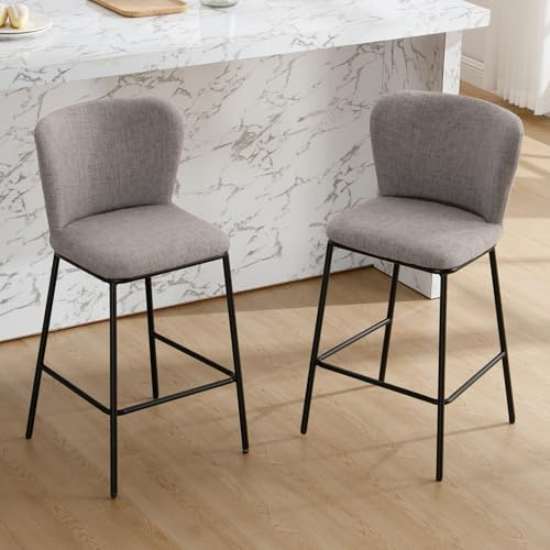 Ya-Home Tabouret de Bar Moderne Lot de 2 Chaises Haute Bar Cuisine,Gris | Lin Moelleux,Pieds en Métal,Repose-Pieds&Dossier Confortable,pour Cuisine,Comptoir,Salle à Manger