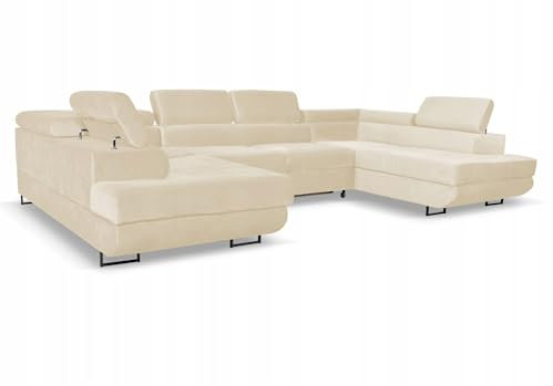 Family Meble Ecksofa, Modell Bosso Big, Schlaffunktion, Freistehendes, Ausklappbares, Behälter für Bettwäsche, Strapazierfähiges Material, Schmutzabweisend, für Wohnzimmer, Schlafzimmer, Beige