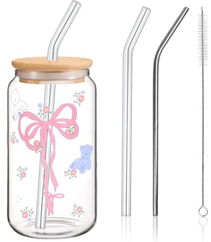 Bow Glasbecher, 500ml Glasbecher mit Deckel und Strohhalm, Trinkgläser mit Deckel und Strohhalm, Glas mit Bow Aesthetic Pink Stuff, Elegantes Geschenk Für Beste Freundin, Vielseitiges Trinkglas