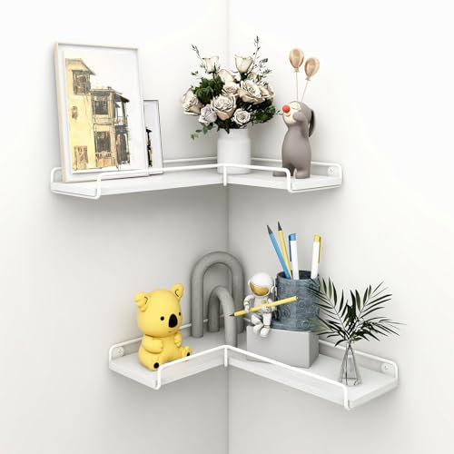 LN COZY CORNER Corner Floating Shelves Set of 2 Rustic Wooden Wall-Mounted L-Shaped Shelves with Metal Brackets Space-Saving Storage for Bathroom Living Room Bedroom Kitchen (White)