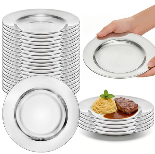 ZAVOOS Lot de 24 assiettes rondes en acier inoxydable de 21,6 cm - Légères et incassables - Pour la maison, les pique-niques, les barbecues, le lave-vaisselle
