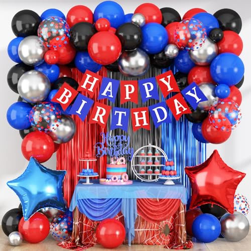 Birthday Decorations for Boys, Red Blue Black Metallic Silver Confetti Latex Foil Balloon Spider Web Party Decoration Happy Birthday Banner Fringe Curtain for Kid Baby Shower Hero Theme Party Supplies