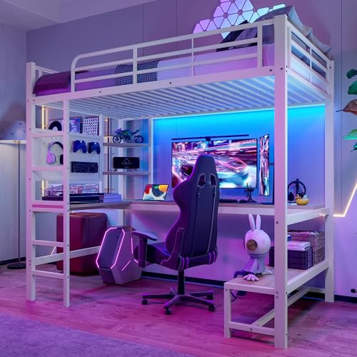 Kinderbett Hochbett 90x200 cm mit LED Leiste&USB Steckdose, Etagenbett Metallbett mit Schreibtisch&&mehrere Regalen&Lochbrett, Einzelbett Bettgestell mit Rausfallschutz&Leiter, Ohne Matratze, Weiß
