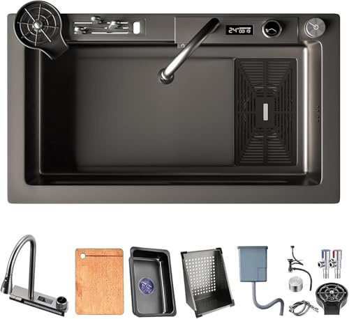 ASKLFNEI Lavabo de cascada negra de 70 cm, fregadero de 1 lavabo, fregadero de cocina grande, fregadero de acero inoxidable con corona extensible, caja de soporte para cuchillos, lavadora con tazas