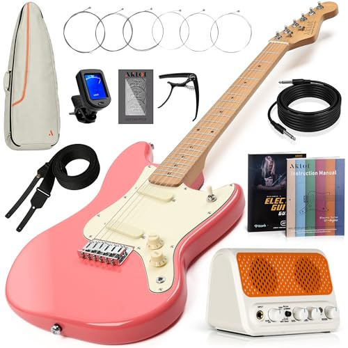 AKLOT 91,4 cm Kinder-E-Gitarre: 3/4-Größe Mini-E-Gitarren-Set mit solidem Körper, schmalere Halsbreite für Anfänger, 10 W Ampere, Gigbag, Saite, Gurt, Kabel, Plektren, Unterrichtsbuch (BerryPop Pink)