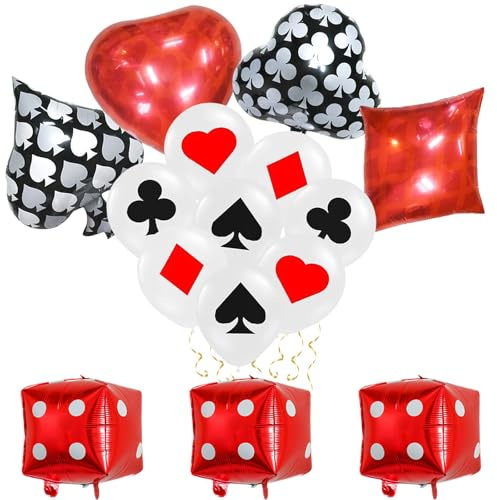 Ovanda Casino Deko, 15 Stück Casino Deko Folienballons, Würfel Poker Luftballon, Weiße Rote Pokerkarte Latexballons, Poker Deko, Rote Schwarze Pokers Folienballon für Las Vegas Nacht und Geburtstag