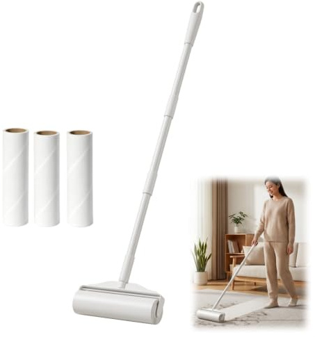 24cm Großer Fusselrolle Tierhaare,Fusselrolle Kleidung,Ausziehbarer Griff mit staubdichter Abdeckung, 3 Nachfüllungen,Klebrige Rollen für Boden,Teppich,Möbel,Kleidung und Tierhaaren