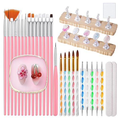 Rosiour 38Pcs Nail Art Brushes Set: Nail Art Tools with Nail Stand Holder, 15Pcs Nail Design Brushes, 5Pcs Dotting Tools, 5Pcs Sculpting Brushes, Resin Palette, Nail File for Painting Nails