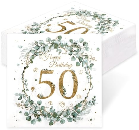 60 Stück Servietten 50. Geburtstag, Servietten Deko 50 Geburtstag Mann Frau, 50 Geburtstags Deko Serviettens Eukalyptus für Die Dekoration
