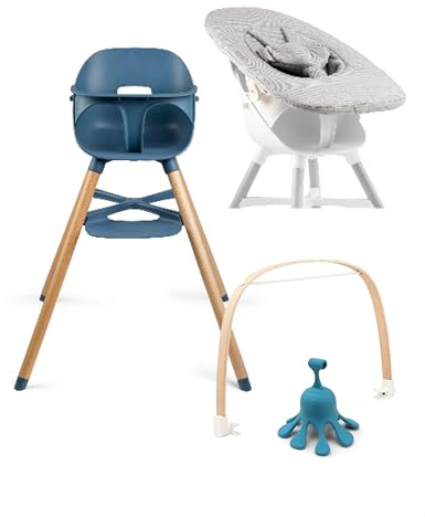 Ziza Baby Hochstuhl Newborn Set Indigo/Grau - Kippsicherer & ergonomischer Kinderstuhl mit Neugeborenenaufsatz, Hochwertiges Babyset mit Spielbogen & Spielzeug