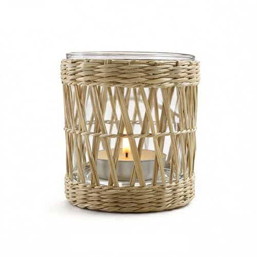 Kerzenständer Makramee Girlande, Windlichter Deko Kerzen, Kerzenhalter im Vintage-Stil aus Stroh, Beige Boho Deko Balkon für Kerzen Und Trockenblumen Und Dekoration(1pc-8.5x7.5)