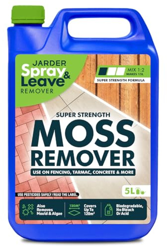 Jarder Moss Remover for Hard Surfaces 5L - Super Mix Strength Formula - Use on Concrete, Tarmac, UPVC, Block Paving, Indian Sandstone & More - Advanced Formula - 5L Covers 120m2 (1)