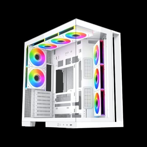 XIGMATEK Aqua 7 Boîtier tour intermédiaire E-ATX en verre trempé, 8 ventilateurs ARGB de 120 mm et boîtier de télécommande PWM, support vertical pour GPU inclus (blanc)