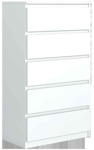 Masseno Kommode NUDO 70 cm Sideboard mit 5 Schubladen und Türen für Wohnzimmer Schlafzimmer Modern 70x39x124,5 cm Weiß/Weiß