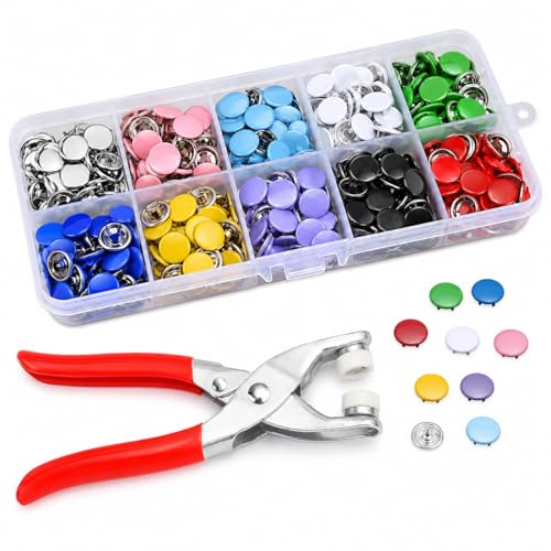 100 Sets Snap Button Fastener Kit – 9.5mm No Sew Metal Press Studs with Hand Pliers in 10 Colours – DIY Craft Poppers for Baby Clothes and Thin Fabrics
