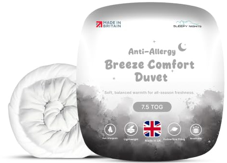 SleepyNights 7.5 Tog Single Duvet Quilt Comforter – All Season Mid-Weight Bedding – Anti Allergy Hollowfibre Duvet, Soft & Breathable – Made in UK & Non-Allergenic (135 x 200cm)