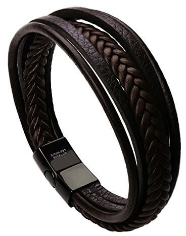 murtoo Bracelet for Man Cowhide Genuine Leather Women Unisex Cuff Wrap Bracelet Brown Black Multi-Layer Magnetic Clasp Rope Wristband (Brown, 8'')