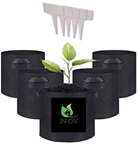 IN-OV : 5 Bolsas para Plantas,macetas de Tela con Asas, Saco para Plantas de geotextil Respirable para Flores y Verduras: 5 galones(22L) con 5 marcadores de Plantas