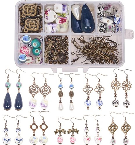 SUNNYCLUE Fai da Te 10 Paio di Orecchini Pendenti in Porcellana con Ciondoli A Goccia Kit per La Fabbricazione Incluude Ganci per Orecchini in Ottone Senza, Istruzione