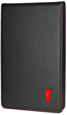 TORRO Golf Scorecard and Yardage Book Holder – Genuine Leather Golf Score Card and Yardage Wallet with Pencil Loop (Black with Red Detail)