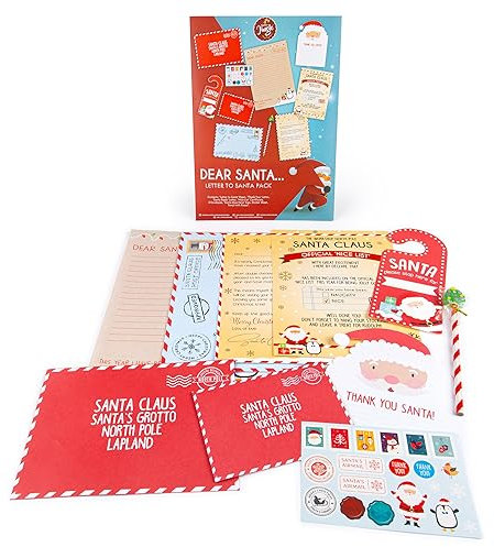 abeec Letter to Santa – Father Christmas Writing Set Includes Dear Santa Letter, Envelopes, Santa Stop Here, Door Hanger, Sticker Sheet & Stationery Supplies – Christmas Eve Box