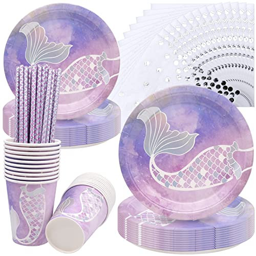 INHEMING Juego de Vajilla para Fiesta Temática de Sirena,80 Piezas Vajilla Papel Fiesta de Cumpleaños para Infantil Niña, Decoración de Mesa de Sirena, para 20 Invitados