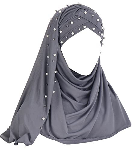 JDYaoYing Mädchen Hijab Schal mit Perlen Muslim Hijab Langer Turban Kopftuch Schal Wrap für Frauen, Grau, Einheitsgröße