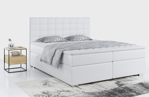 MKS MEBLE Boxspringbett 120x200 mit Bettkasten, Bett 120x200 mit Matratze und Topper - Susan - Weiß Kunstleder - H4