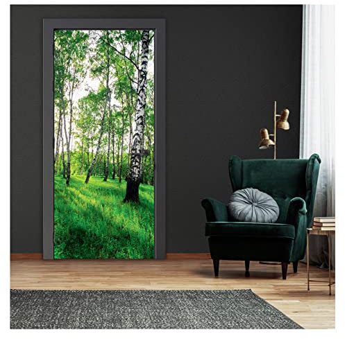 Türtapete Birkenwald Wald grün Natur - 91x211 cm einteilig - Türposter Selbstklebend Fototapete für Tür Wohnzimmer Küche Badezimmer Türaufkleber Türfolie UV-Beständig Montagefertig