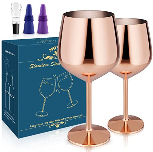 MOVNO 2 Stück Edelstahl-Weingläser mit 2 Weinverschlüssen und 1 Weinbelüfter-Ausgießer, unzerbrechliche Metall-Weingläser für Reisen, Camping, Pool, Champagner, Cocktail, draußen, Party (Roségold)