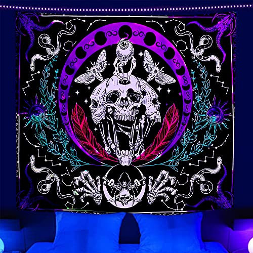 Arola Wandteppiche Schwarzlicht Totenkopf Wandteppiche, UV Reaktiv Wandtuch Skelett Wandteppiche, Leuchtender Wanddekoration Stuch Raumhintergrund Plakate Party Dekoration Gobelin (150x130cm)