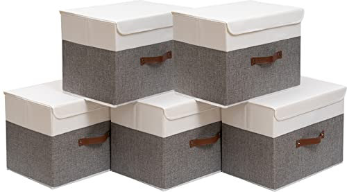 OUTBROS 5 Stück Aufbewahrungsboxen mit Deckel, 38 x 25 x 25 cm, faltbare Stoffboxen, Aufbewahrungskörbe, Organizer für Kleidung, Bücher, grau/weiß ST02WGS5