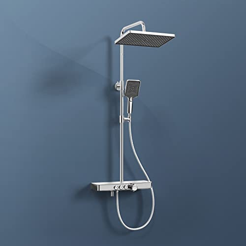 EMKE Colonne de douche Thermostat, 45 x 13 cm étagères en verre, douchette, 3 types de jets, douche à effet pluie, bec verseur, montage mural, Certification KTW, Chrome