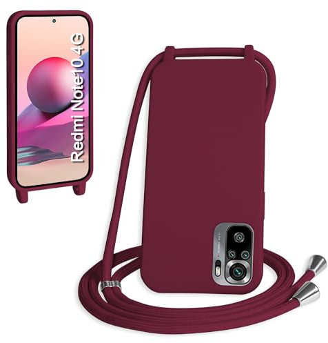 WenBaby Funda con Cuerda para Xiaomi Redmi Note 10S/Note 10 4G, Líquida Silicona Carcasa con Cordón Ajustable Collar Correa de Cuello, Cubierta Prueba Golpes con Microfibra Forro (Rojo)