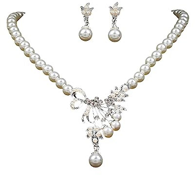 Mariage Perle Fleur Collier Ensemble De Mariée Cristal Blanc Faux Perle Pendentif Collier Boucles D'oreilles Floral Strass Faux Perle Chaîne Bijoux pour Femmes Mariée Demoiselle D'honneur (Blanc B)