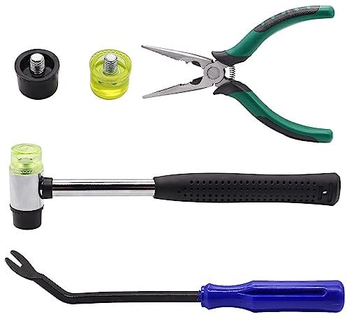 Hmknana 5PCS Upholstery Tool Kit - Dual Head Soft Rubber Mallet Hammer with 2PCS Replacement Head, Nail Tack Remover Tool & Pliers H-042